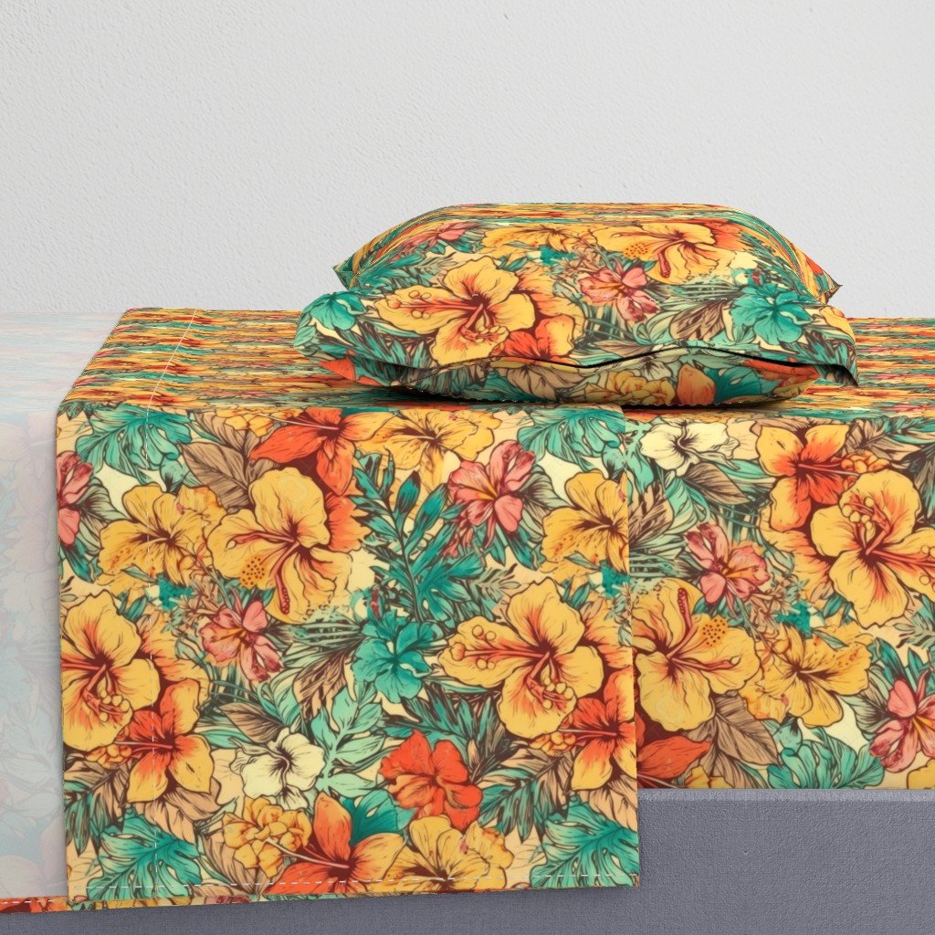 Soft Vintage Hawaiian Hibiscus Watercolor in Coral Orange Sheet Set