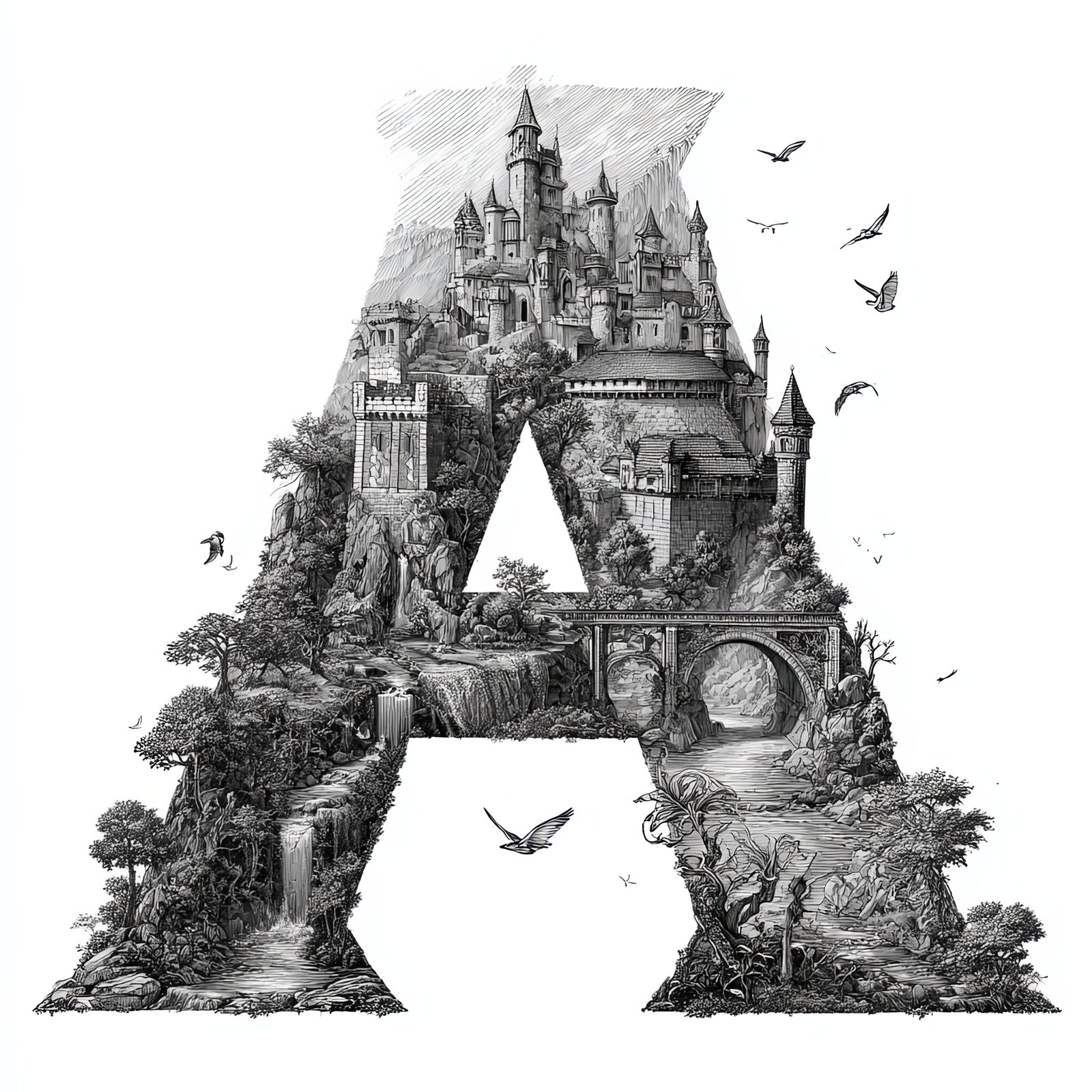 The Letter A: Castles in the Sky Fantasy Alphabet Art