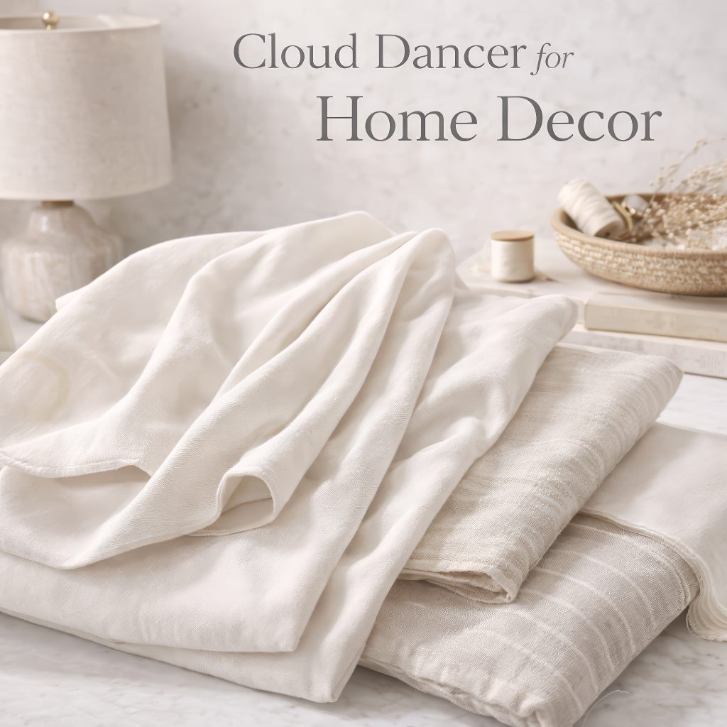 Cloud Dancer off white fabric styled in Scandinavian home decor setting
