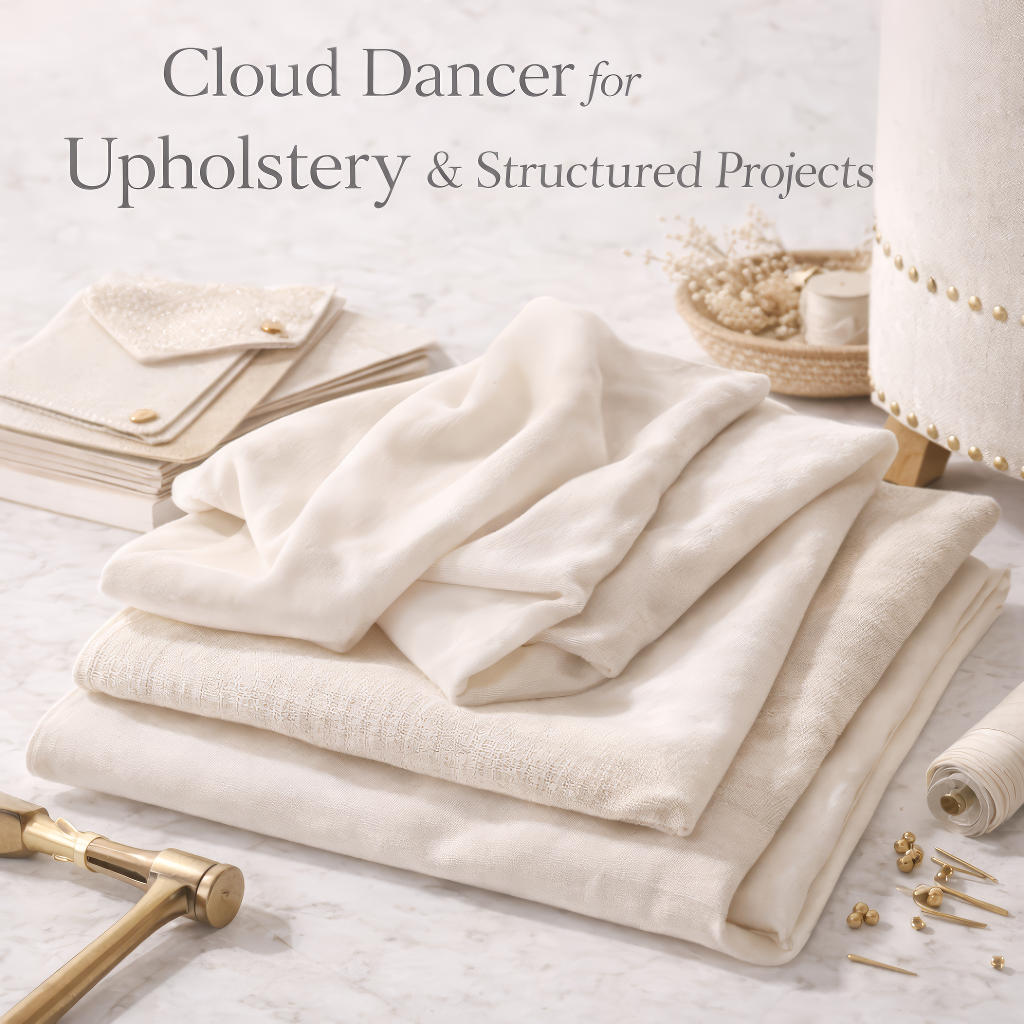 Cloud Dancer neutral upholstery fabric on linen and velvet bases