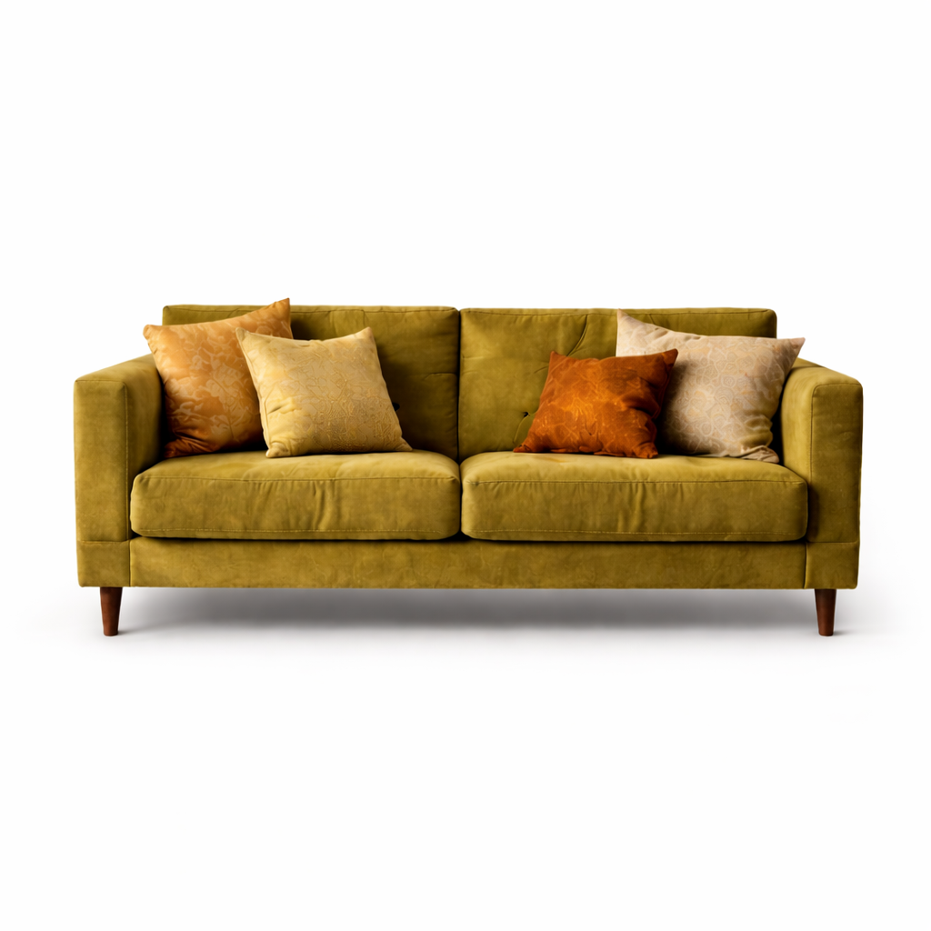 Olive green sofa on white background showing bold color in isolation