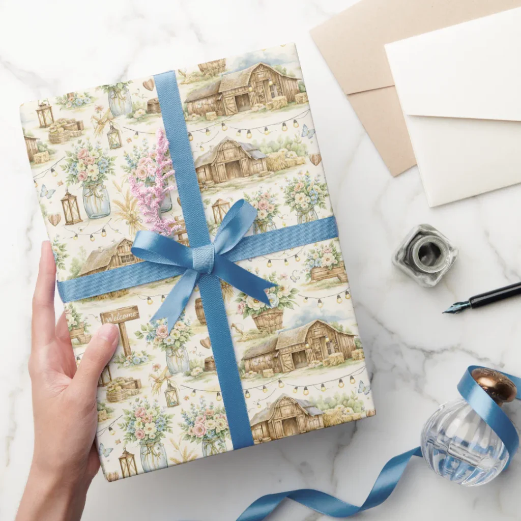Rustic Barn Wedding Watercolor Pattern Wrapping Paper
