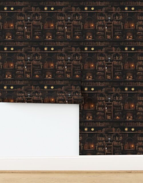 Spooky Photo realisticSmall Dark Academia Stampunk Bookshelves in Muted Wallpaper