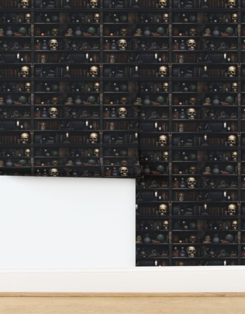 Small Spooky Photo realistic Dark Academia Bookshelves in Muted Tones with Wallpaper