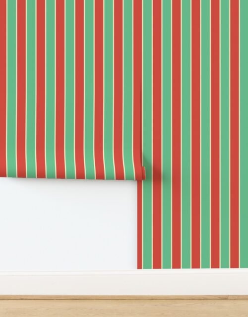2 Inch Red Vermillion Green and Yellow Gold Vintage Christmas Stripe Wallpaper