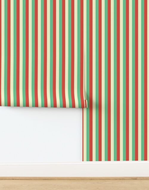 Equal 1 Inch Red Vermillion Green and Yellow Gold Vintage Christmas Stripe Wallpaper
