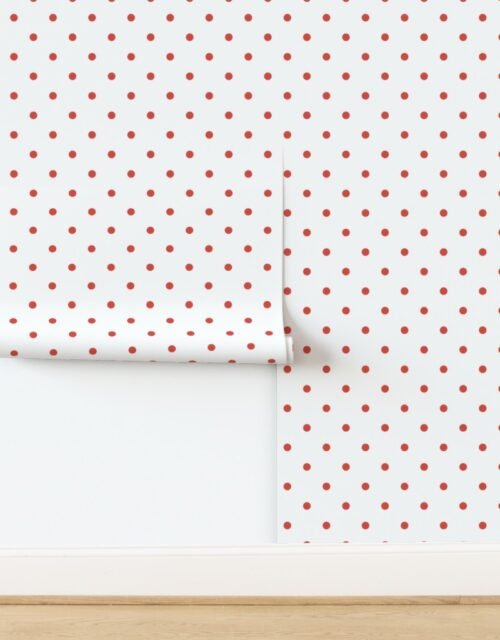 Red Vermillion Polka Dots on Vintage Christmas Snowy White Wallpaper