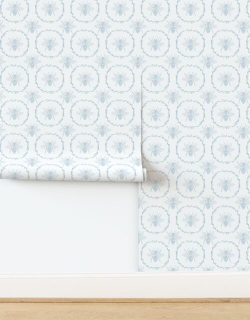 Large French Provincial Bees in Laurel Wreaths in Sky Blue on White Wallpaper