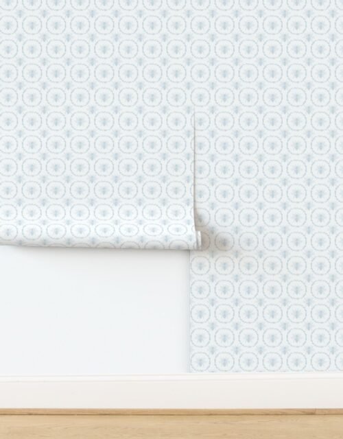 Small French Provincial Bees in Laurel Wreaths in Sky Blue on White Wallpaper