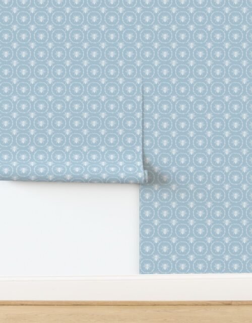 Small French Provincial Bees in Laurel Wreaths in White on Sky Blue Wallpaper