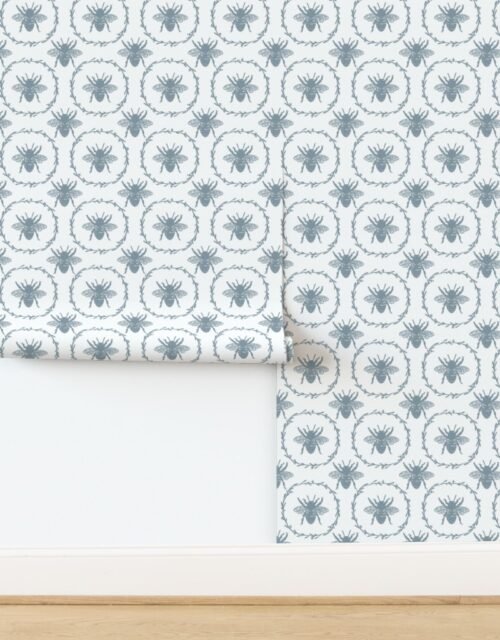 Large French Provincial Bees in Laurel Wreaths in Winter Blue on White Wallpaper