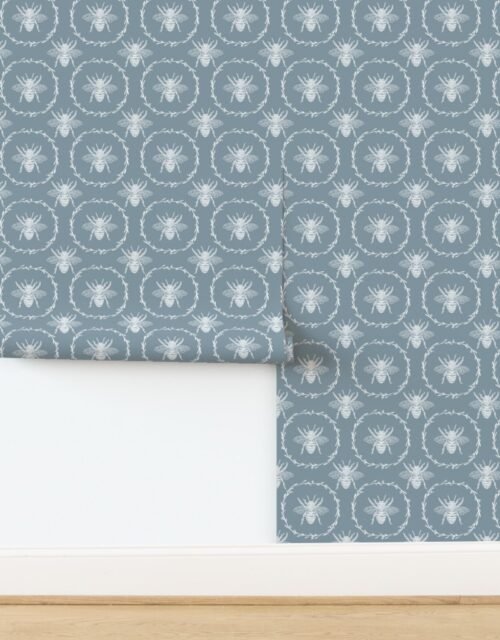Large French Provincial Bees in Laurel Wreaths in White on Winter Blue Wallpaper