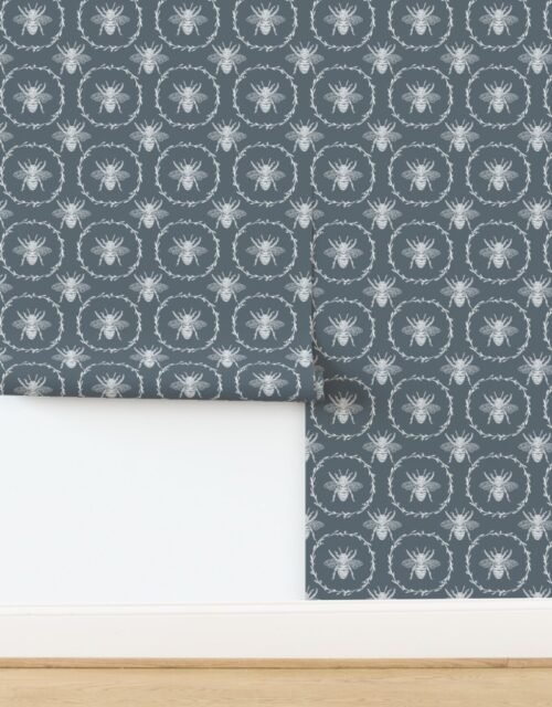 Large French Provincial Bees in Laurel Wreaths in White on Ice Blue Wallpaper
