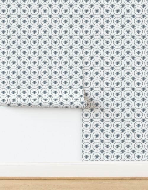 Small French Provincial Bees in Laurel Wreaths in Ice Blue on White Wallpaper