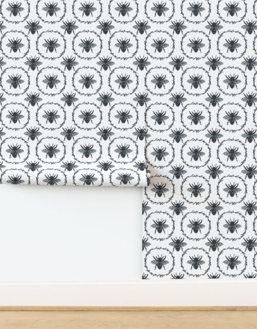 Large French Provincial Bees in Laurel Wreaths in Twilight Blue on White Wallpaper