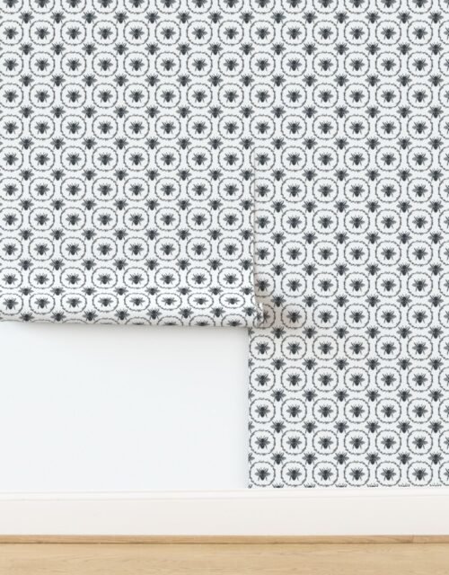 Small French Provincial Bees in Laurel Wreaths in Twilight Blue on White Wallpaper