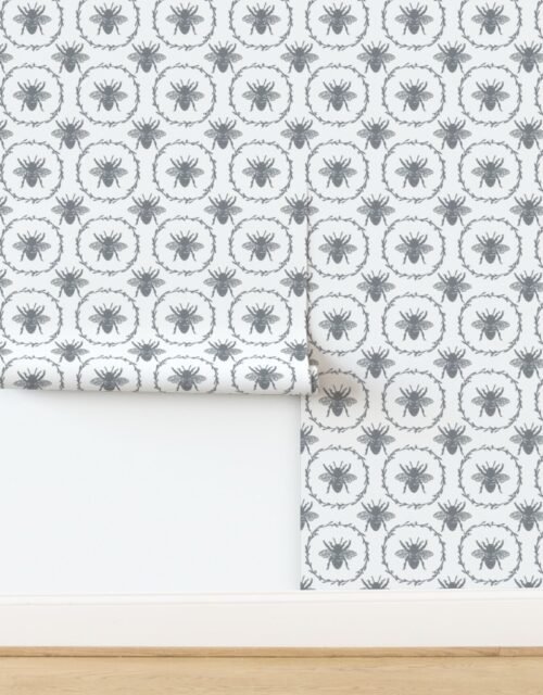 Large French Provincial Bees in Laurel Wreaths in Grey Blue on White Wallpaper