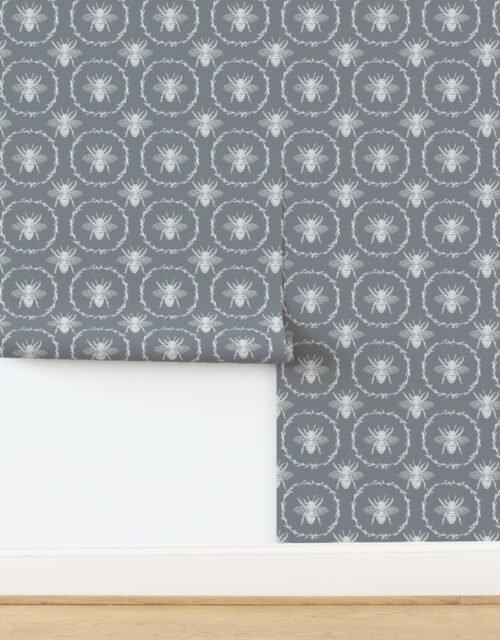 Large French Provincial Bees in Laurel Wreaths in White on Grey Blue Wallpaper