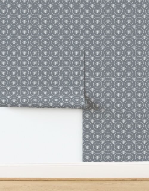 Small French Provincial Bees in Laurel Wreaths in White on Grey Blue Wallpaper