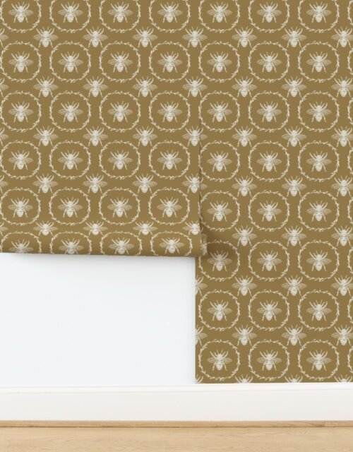 Large French Provincial Bees in Laurel Wreaths in White on Tan Wallpaper