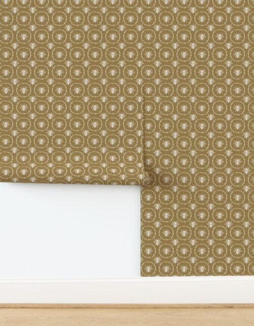 Small French Provincial Bees in Laurel Wreaths in White on Tan Wallpaper