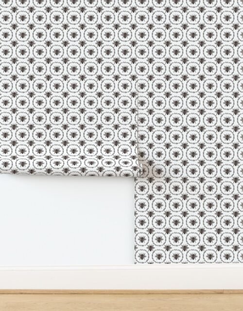 Small French Provincial Bees in Laurel Wreaths in Chocolate on White Wallpaper