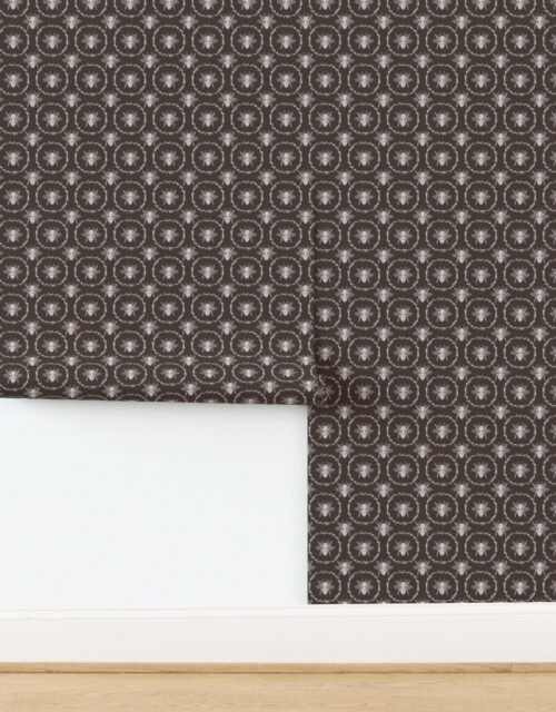 Small French Provincial Bees in Laurel Wreaths in White on Chocolate Wallpaper