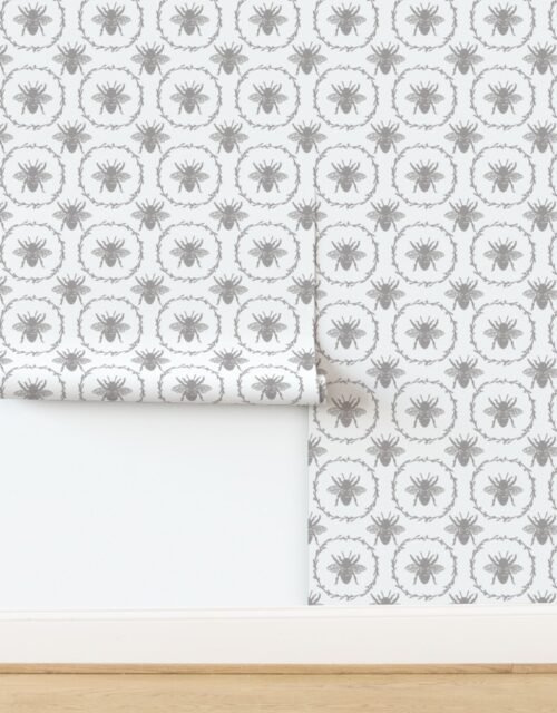 Large French Provincial Bees in Laurel Wreaths in Fawn on White Wallpaper
