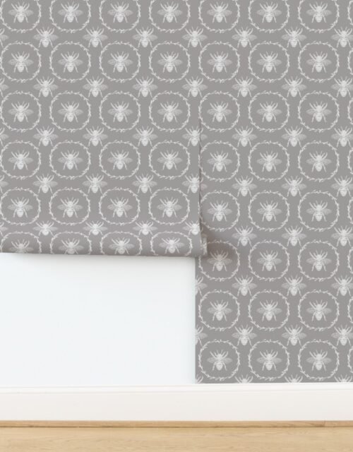 Large French Provincial Bees in Laurel Wreaths in White on Fawn Wallpaper