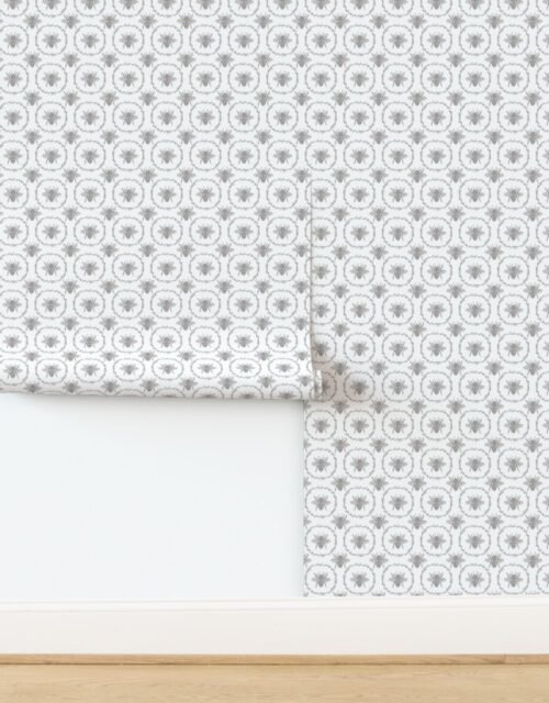 Small French Provincial Bees in Laurel Wreaths in Fawn on White Wallpaper