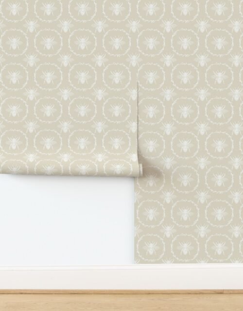 Large French Provincial Bees in Laurel Wreaths in White on Cream Wallpaper