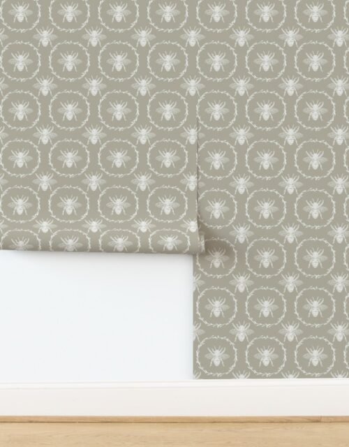 Large French Provincial Bees in Laurel Wreaths in White on Beige Wallpaper