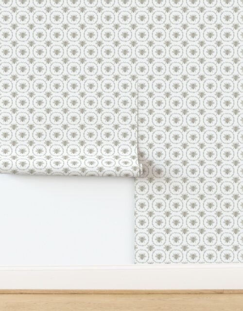 Small French Provincial Bees in Laurel Wreaths in Beige on White Wallpaper
