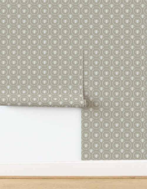 Small French Provincial Bees in Laurel Wreaths in White on Beige Wallpaper