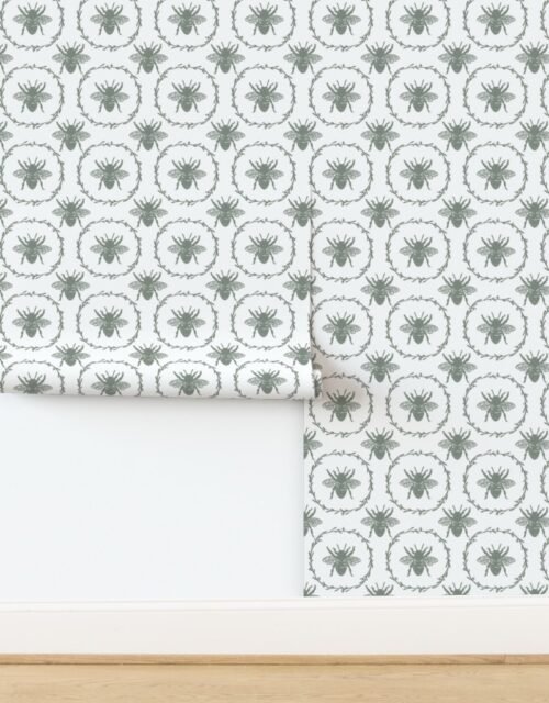 Large French Provincial Bees in Laurel Wreaths in Sage Green on White Wallpaper