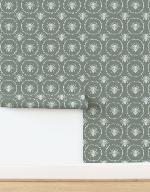 Large French Provincial Bees in Laurel Wreaths in White on Sage Green Wallpaper