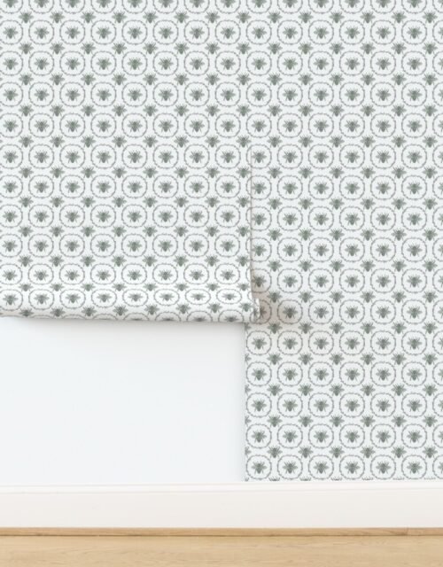 Small French Provincial Bees in Laurel Wreaths in Sage Green on White Wallpaper