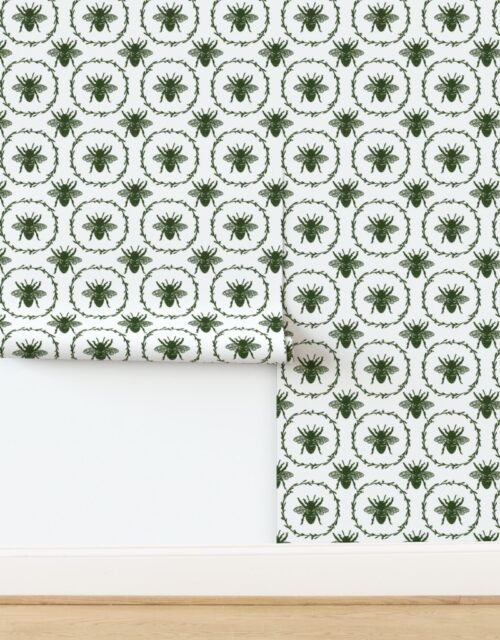 Large French Provincial Bees in Laurel Wreaths in Lichen Green on White Wallpaper