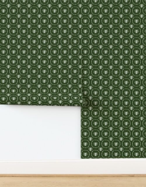 Small French Provincial Bees in Laurel Wreaths in White on Lichen Green Wallpaper