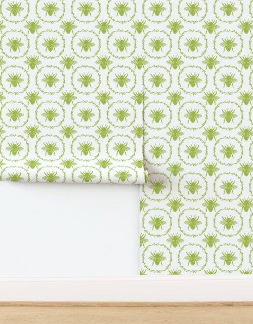 Large French Provincial Bees in Laurel Wreaths in Fresh Green on White Wallpaper