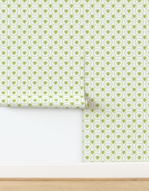 Small French Provincial Bees in Laurel Wreaths in Fresh Green on White Wallpaper