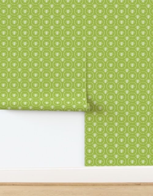 Small French Provincial Bees in Laurel Wreaths in White on Fresh Green Wallpaper