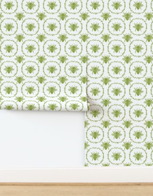 Large French Provincial Bees in Laurel Wreaths in Grass Green on White Wallpaper