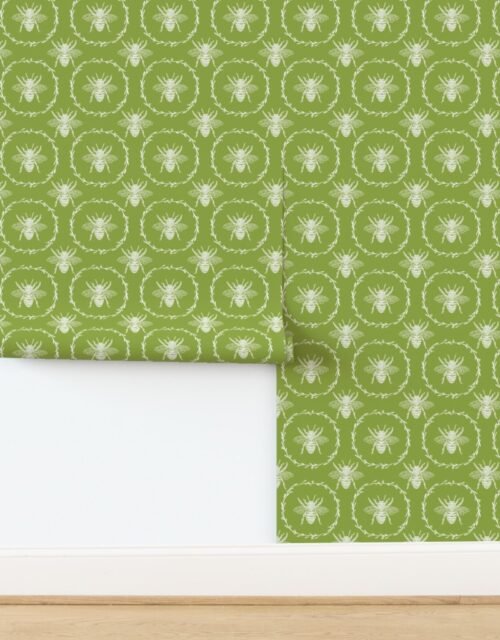 Large French Provincial Bees in Laurel Wreaths in White on Grass Green Wallpaper