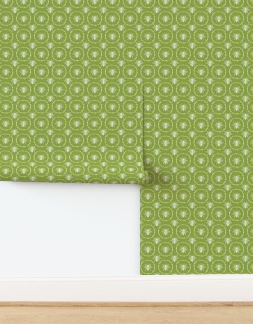 Small Provincial Bees in Laurel Wreaths in White on Grass Green Wallpaper