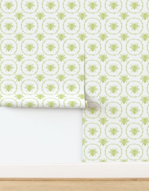 Large French Provincial Bees in Laurel Wreaths in New Green on White Wallpaper