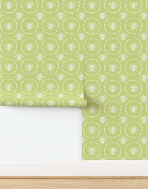 Large French Provincial Bees in Laurel Wreaths in White on New Green Wallpaper