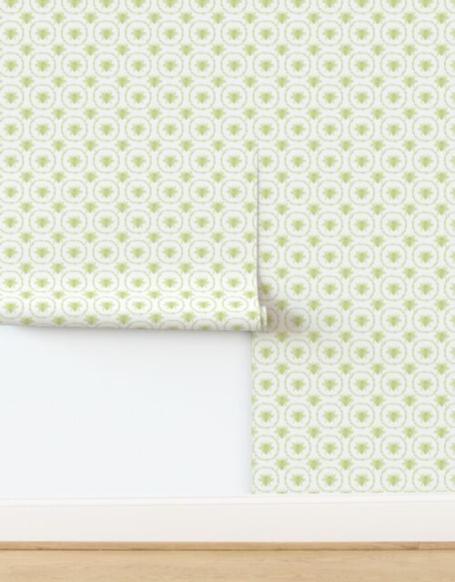 Small French Provincial Bees in Laurel Wreaths in New Green on White Wallpaper