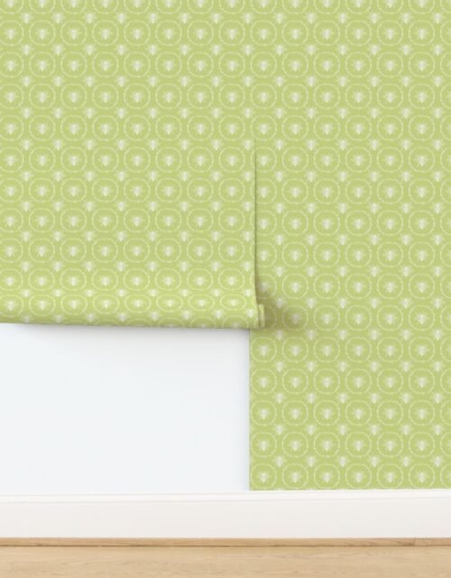 Small French Provincial Bees in Laurel Wreaths in White on New Green Wallpaper