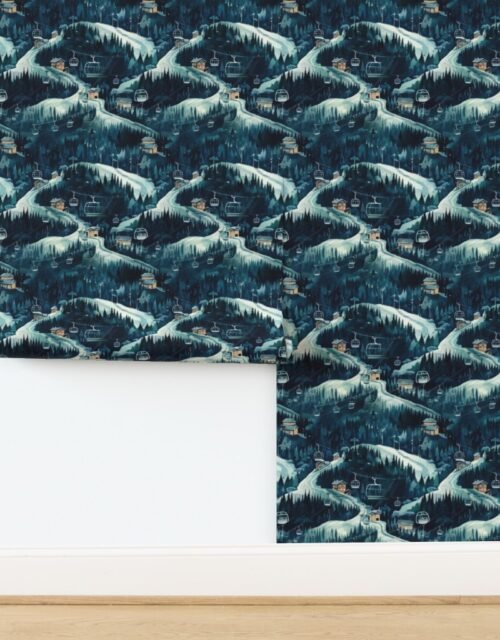 Vintage Ski Slope Cabins in Night Woods Blue Wallpaper
